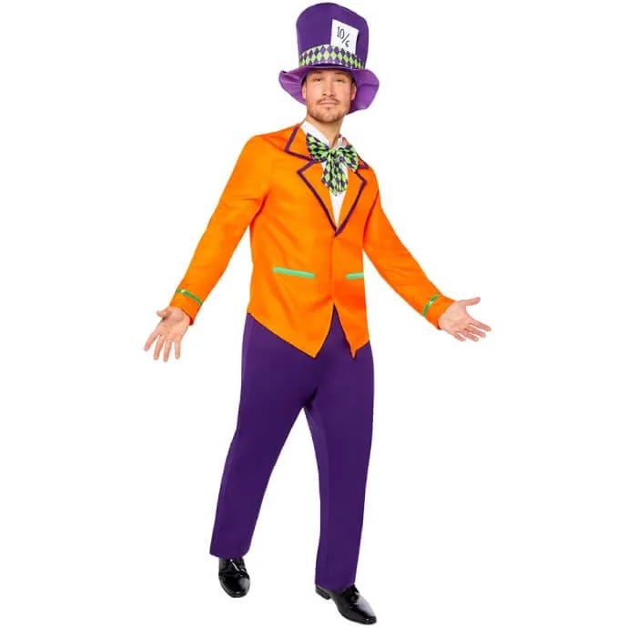 man dressed in orange blazer and purple pants with a purple top hat