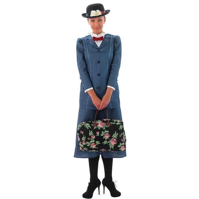 Mary Poppins adult costume with long blue coat, hat and flowery bag