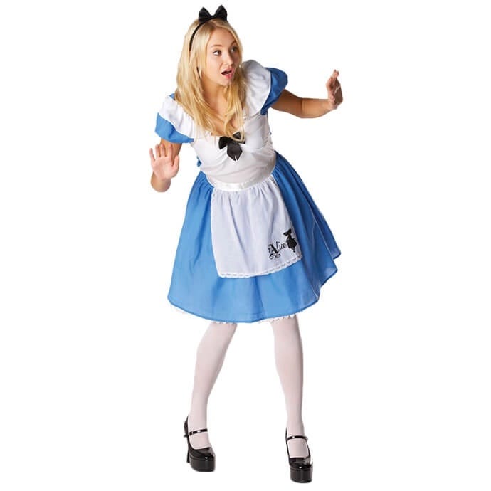 Blonde woman wearing a light blue dress with white pinafore and black bow in her hair