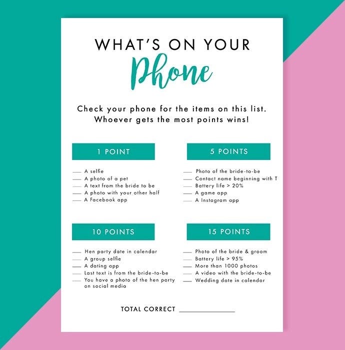 Free printable hen party game called "What's on your phone?"