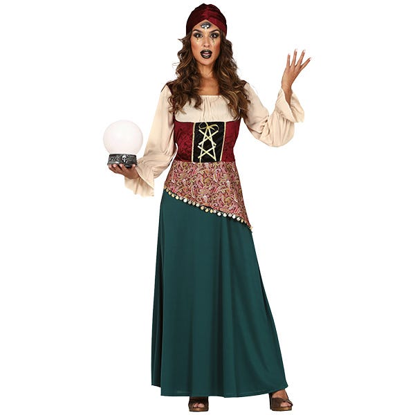 Woman dressed in fortune tellers oufit with headpiece and flowing dress