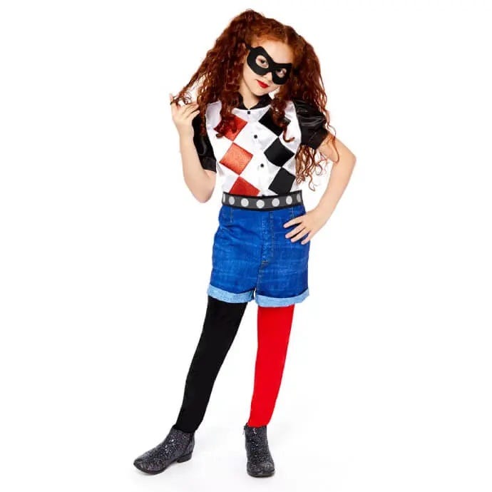 girl in black eye mask, red and black t-shirt and red and black tights