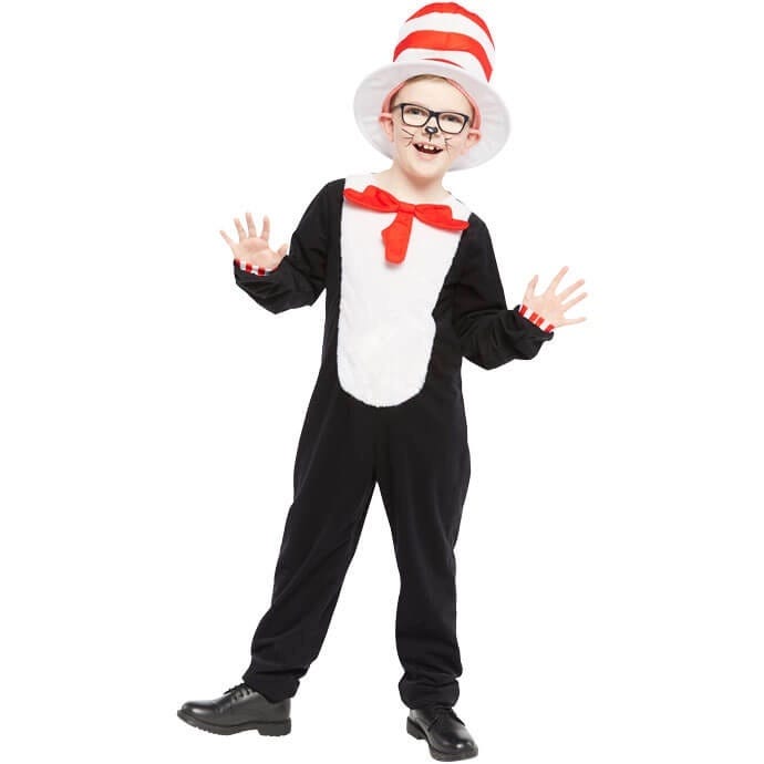 Boy dressed as Cat In the Hat with red and white striped top hat and black onesie